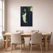 Unframed poster print of Franz Stuck's The Sin displayed on a wall in a dining room