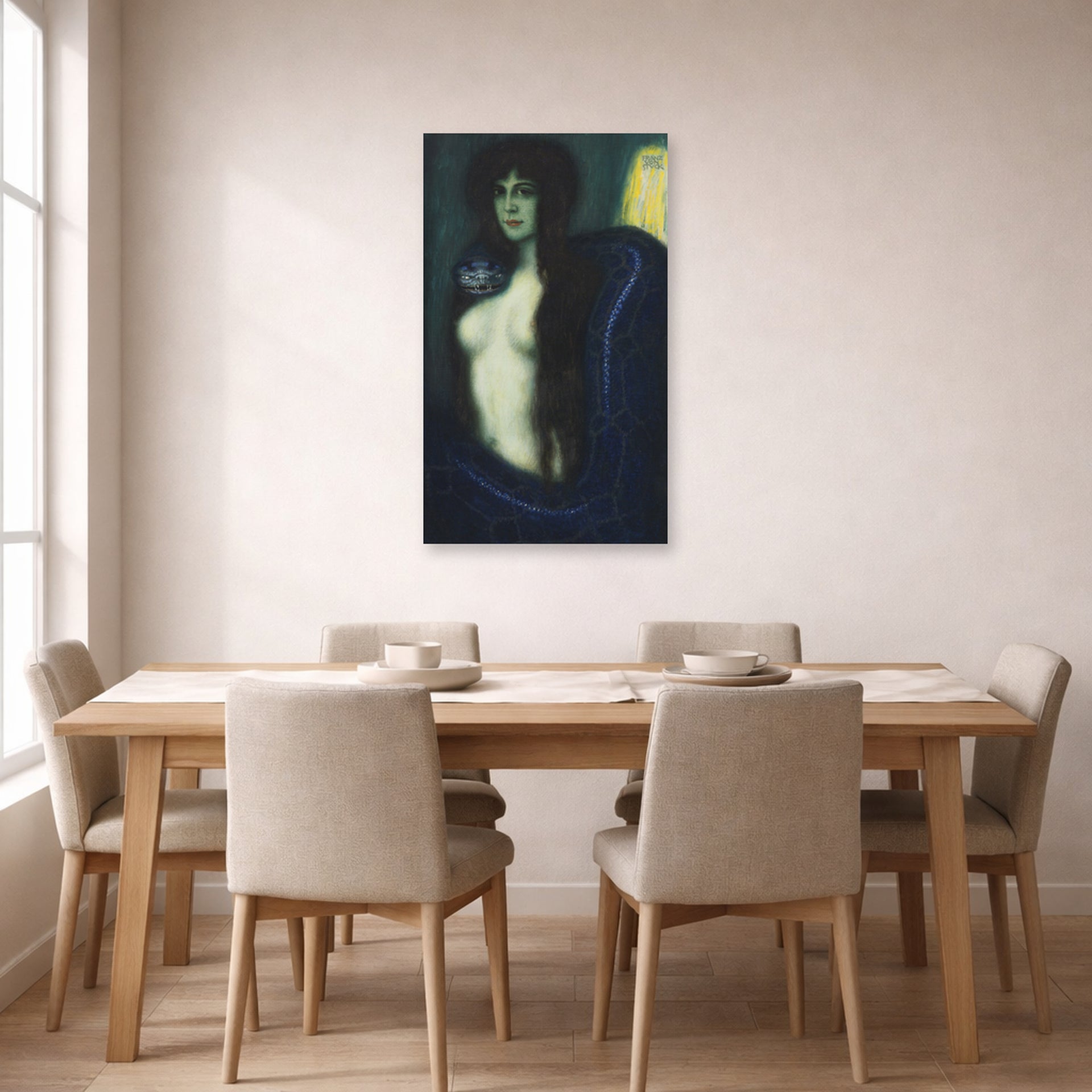Unframed poster print of Franz Stuck's The Sin displayed on a wall in a dining room