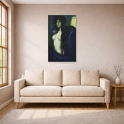 Unframed poster print of Franz Stuck's The Sin displayed on a wall in a living room