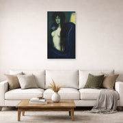 Unframed poster print of Franz Stuck's The Sin displayed on a wall in a living room