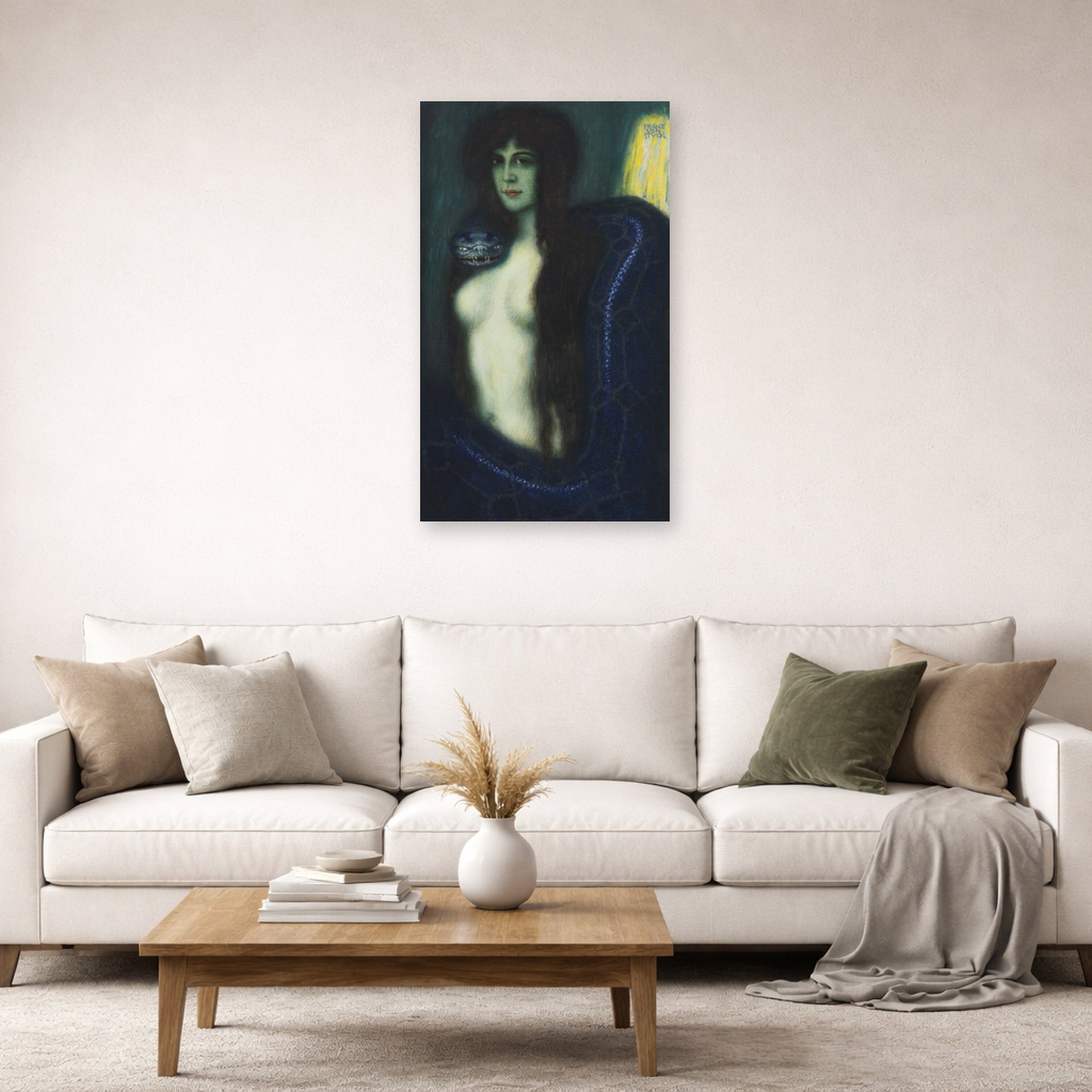 Unframed poster print of Franz Stuck's The Sin displayed on a wall in a living room
