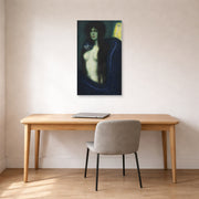 Unframed poster print of Franz Stuck's The Sin displayed on a wall in a office
