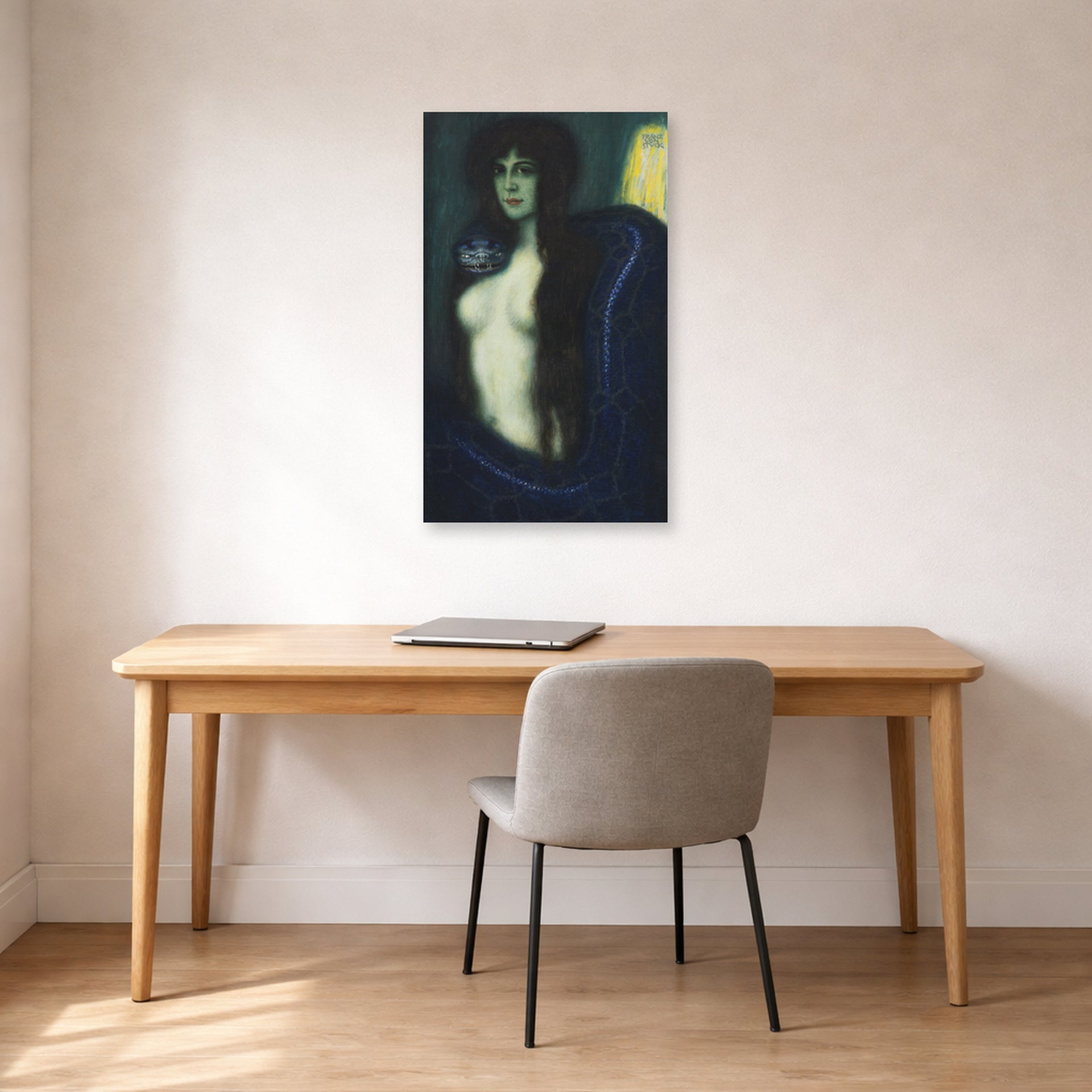Unframed poster print of Franz Stuck's The Sin displayed on a wall in a office