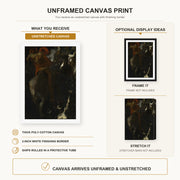 Franz Stuck - The Wild Hunt canvas print size comparison and framing display infographic