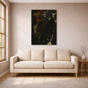 Gallery-wrapped canvas print of Franz Stuck's The Wild Hunt displayed on a wall in a living room