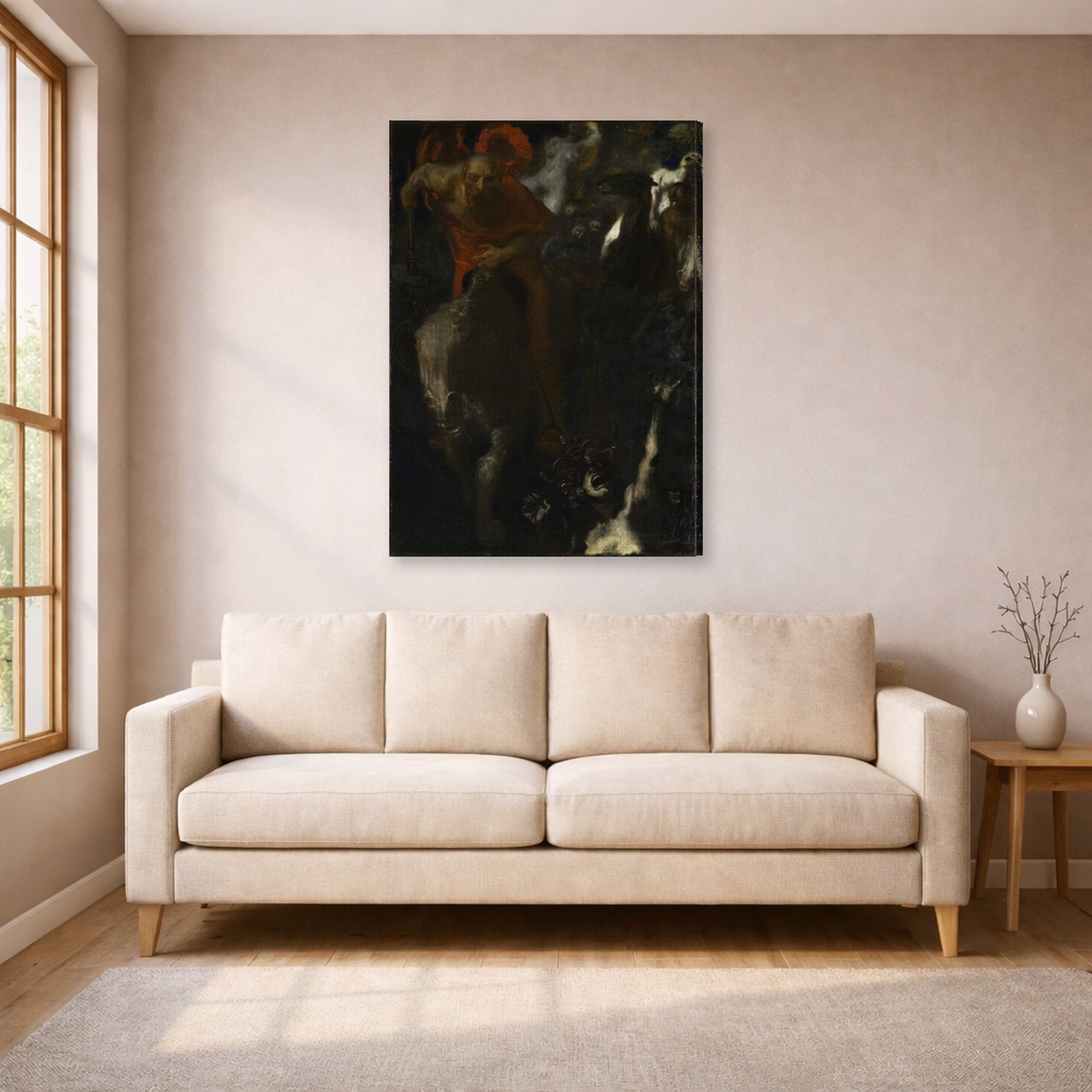 Gallery-wrapped canvas print of Franz Stuck's The Wild Hunt displayed on a wall in a living room