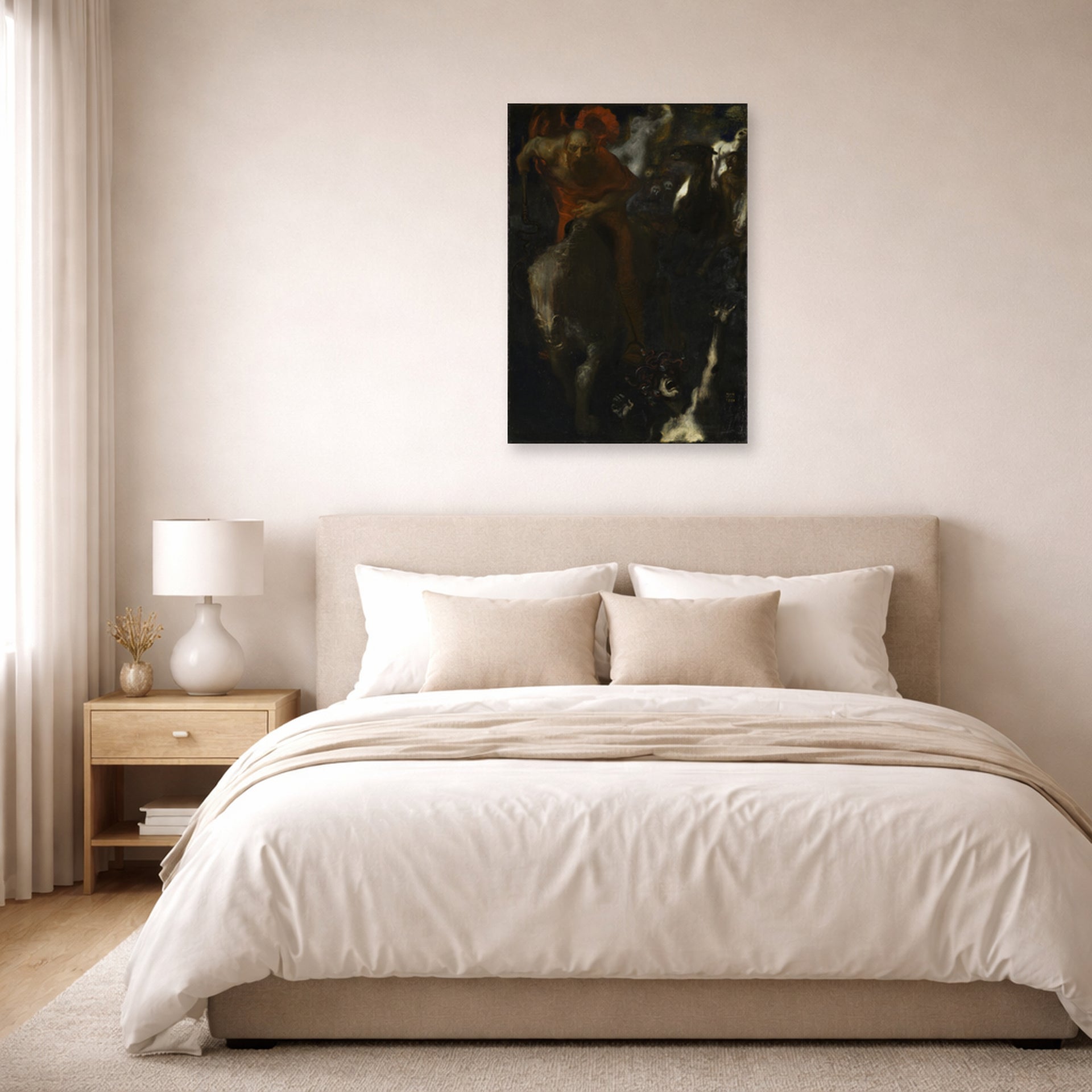 Unframed poster print of Franz Stuck's The Wild Hunt displayed on a wall in a bedroom