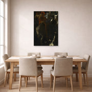 Unframed poster print of Franz Stuck's The Wild Hunt displayed on a wall in a dining room