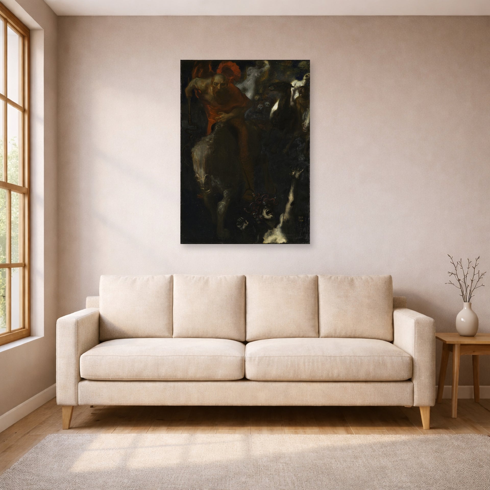 Unframed poster print of Franz Stuck's The Wild Hunt displayed on a wall in a living room