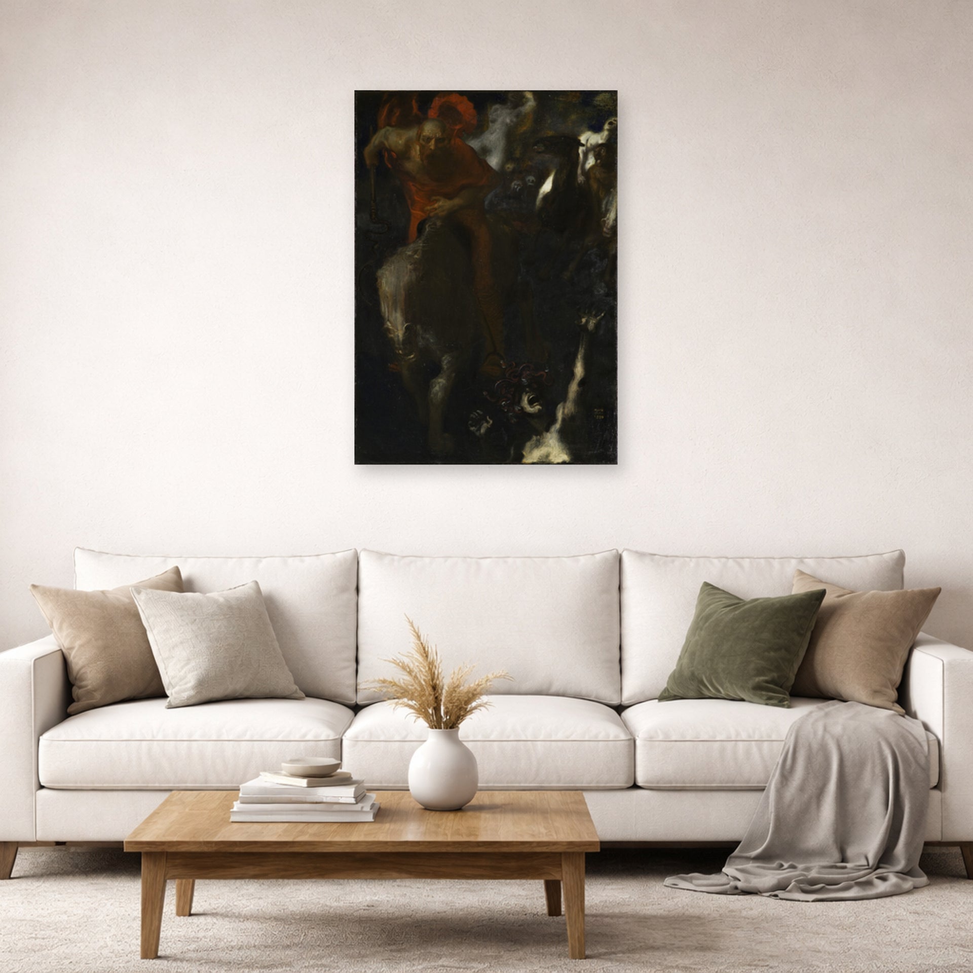 Unframed poster print of Franz Stuck's The Wild Hunt displayed on a wall in a living room