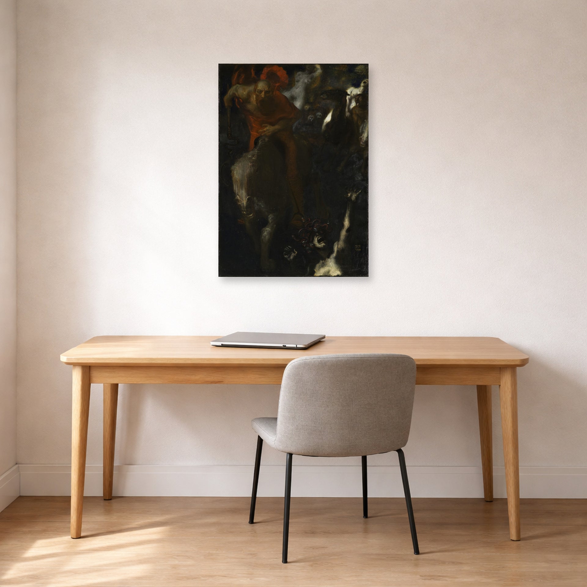 Unframed poster print of Franz Stuck's The Wild Hunt displayed on a wall in a office