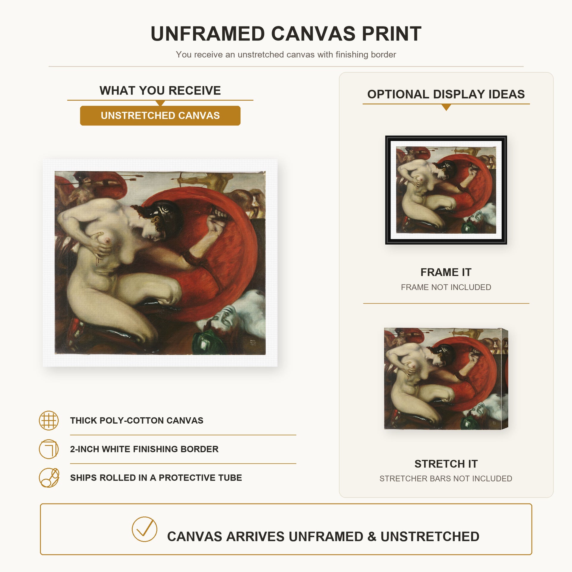 Franz Stuck - Wounded Amazon canvas print size comparison and framing display infographic