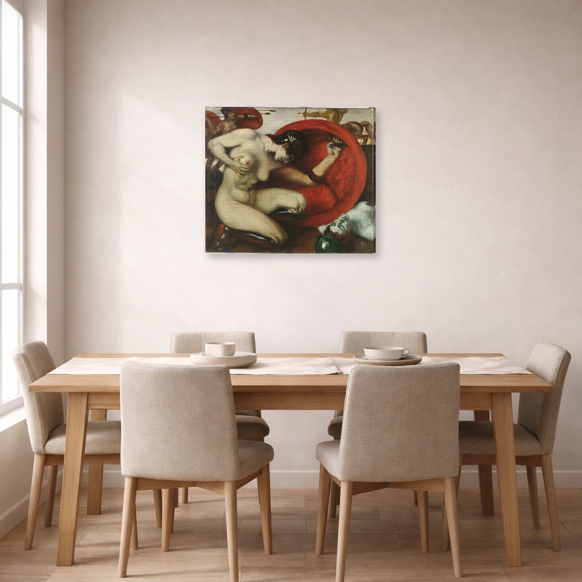 Gallery-wrapped canvas print of Franz Stuck's Wounded Amazon displayed on a wall in a dining room