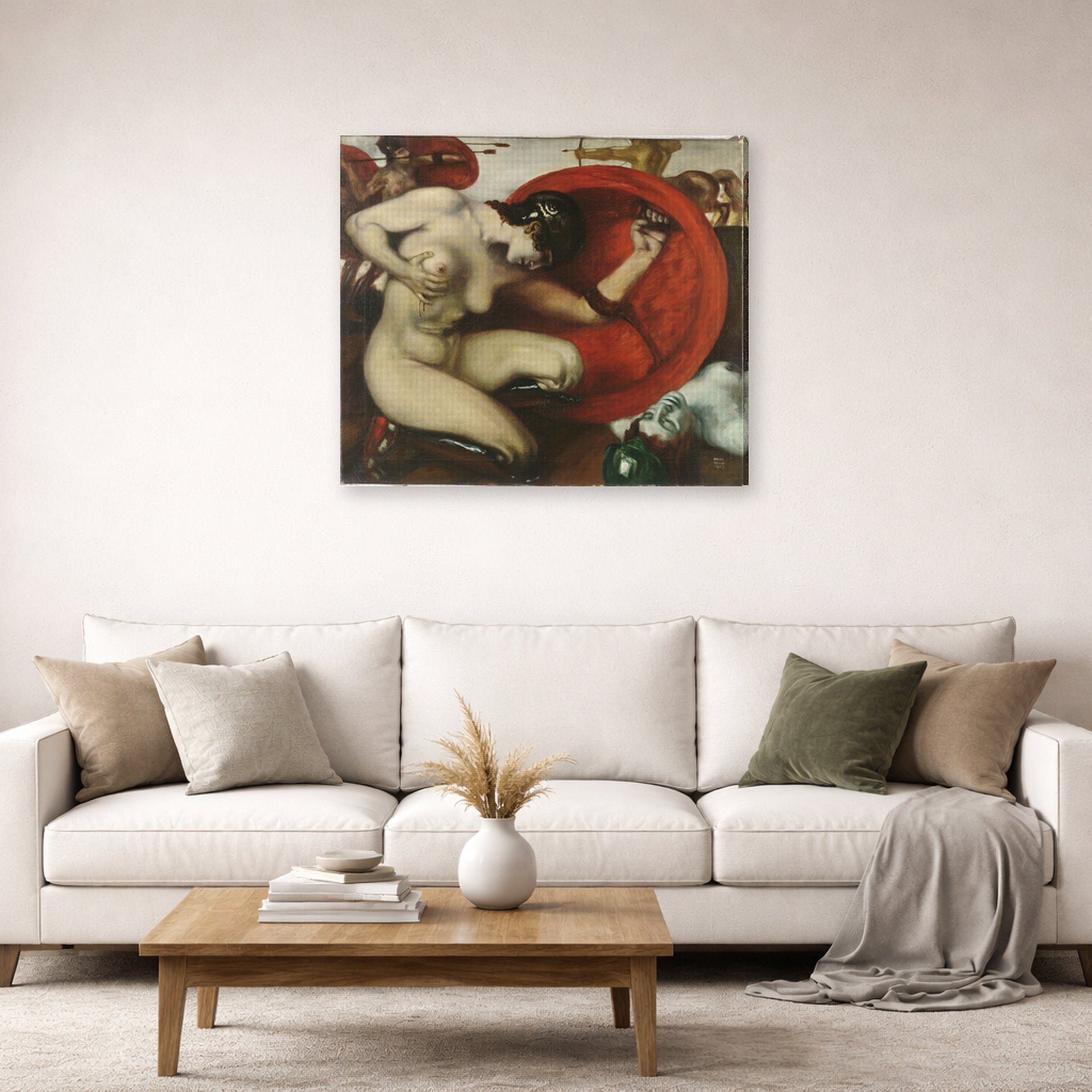 Gallery-wrapped canvas print of Franz Stuck's Wounded Amazon displayed on a wall in a living room