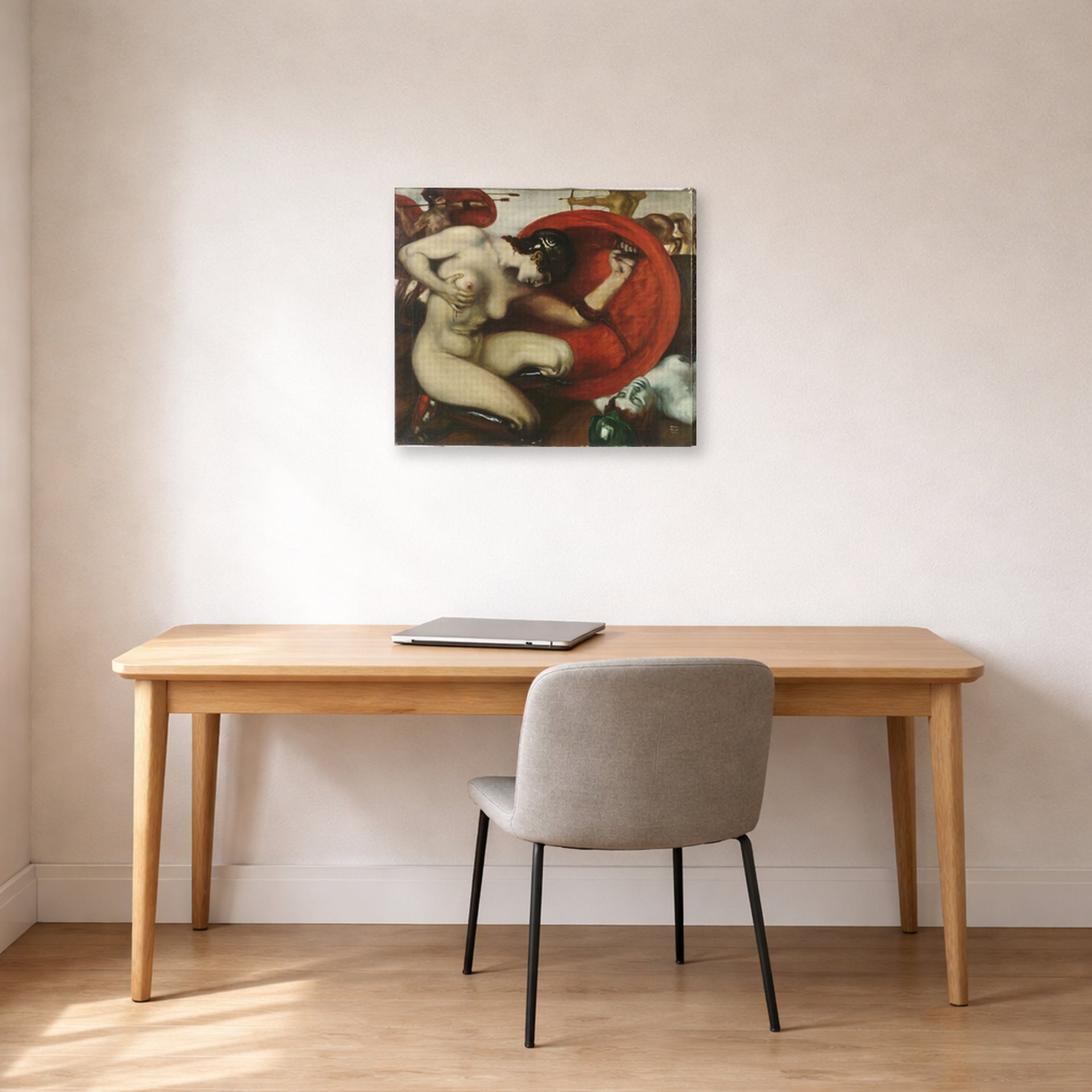 Gallery-wrapped canvas print of Franz Stuck's Wounded Amazon displayed on a wall in a office