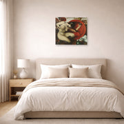 Unframed poster print of Franz Stuck's Wounded Amazon displayed on a wall in a bedroom