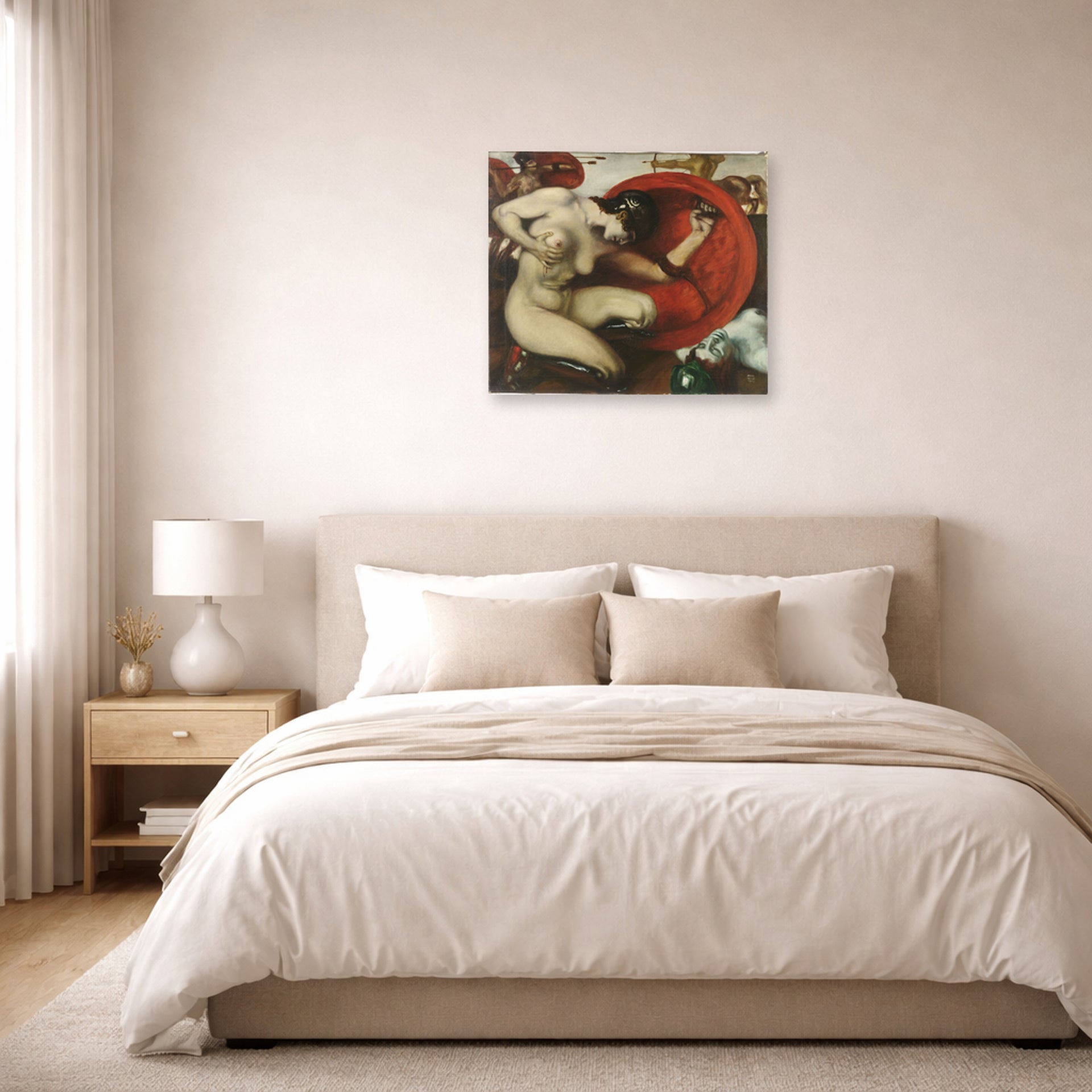 Unframed poster print of Franz Stuck's Wounded Amazon displayed on a wall in a bedroom