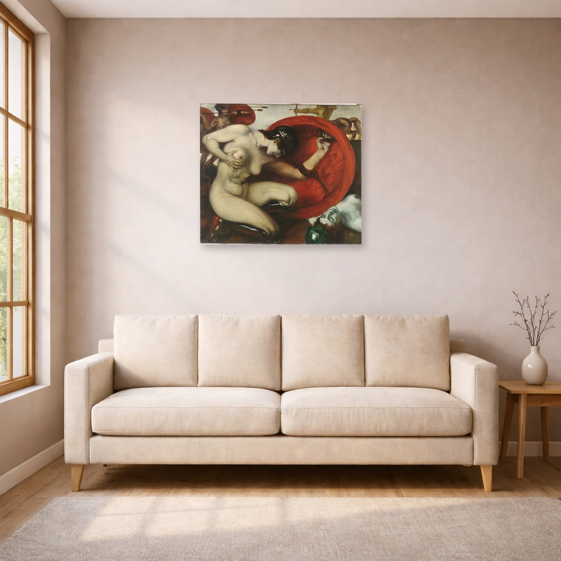 Unframed poster print of Franz Stuck's Wounded Amazon displayed on a wall in a living room