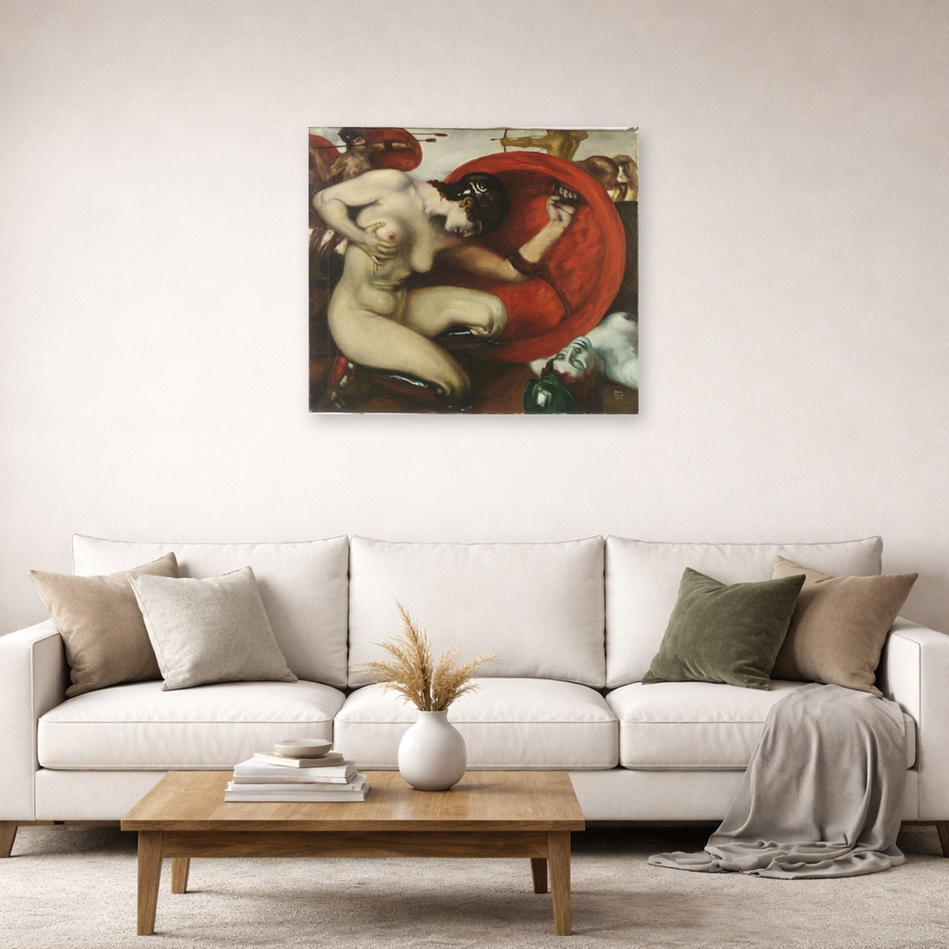 Unframed poster print of Franz Stuck's Wounded Amazon displayed on a wall in a living room