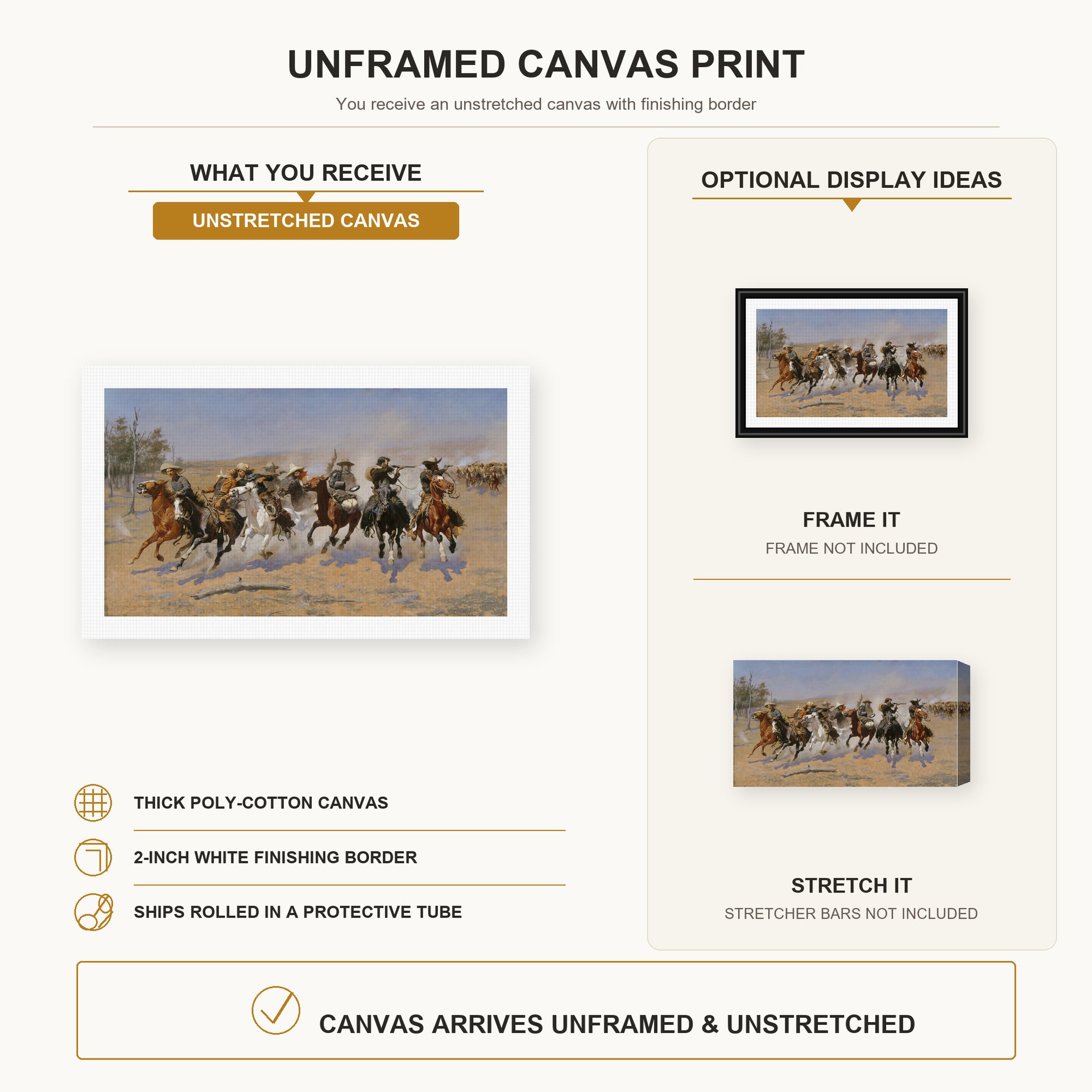 Frederic Remington - A Dash for the Timber canvas print size comparison and framing display infographic