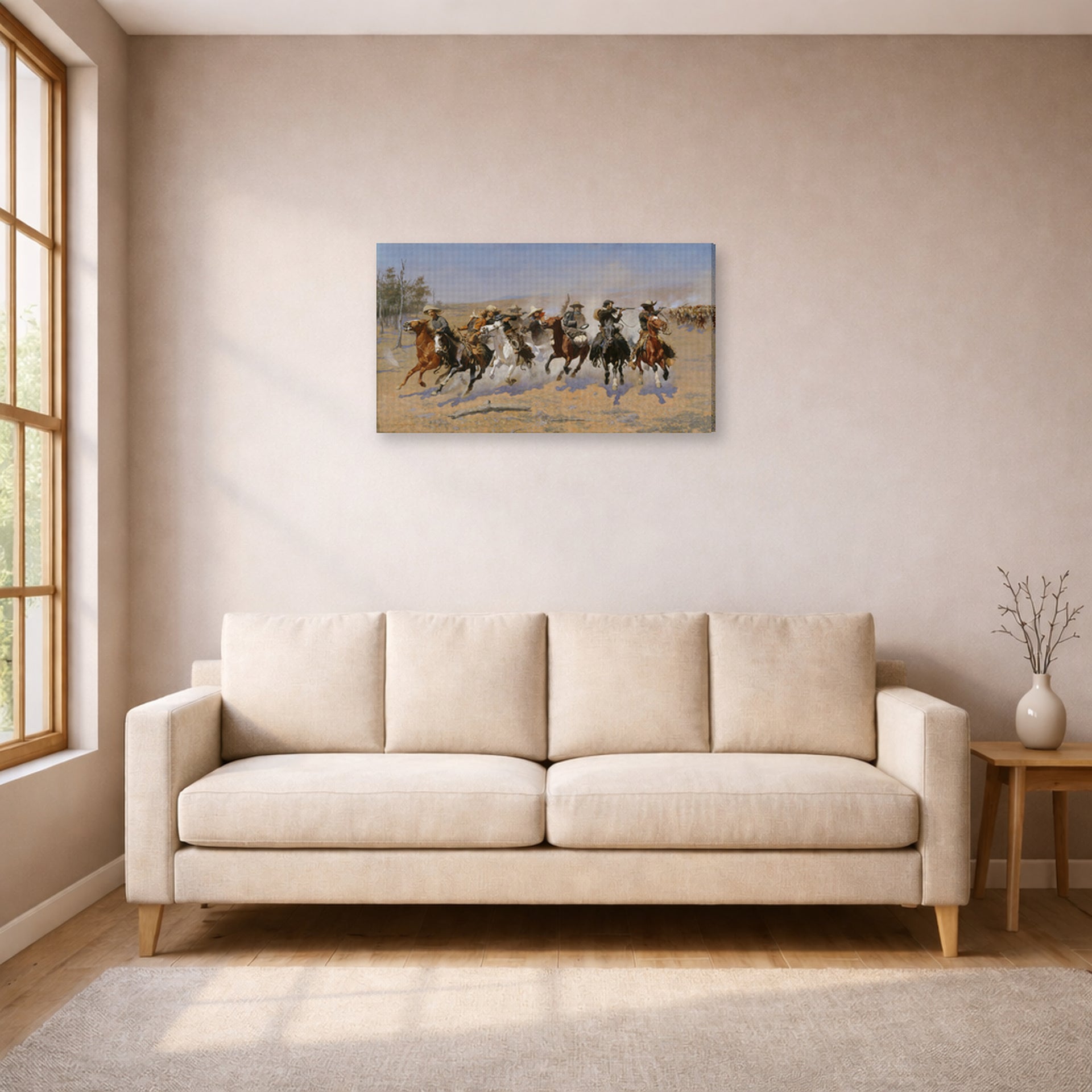 Gallery-wrapped canvas print of Frederic Remington's 'A Dash for the Timber' displayed on a wall in a living room