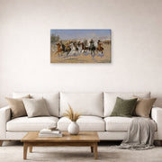 Gallery-wrapped canvas print of Frederic Remington's 'A Dash for the Timber' displayed on a wall in a living room