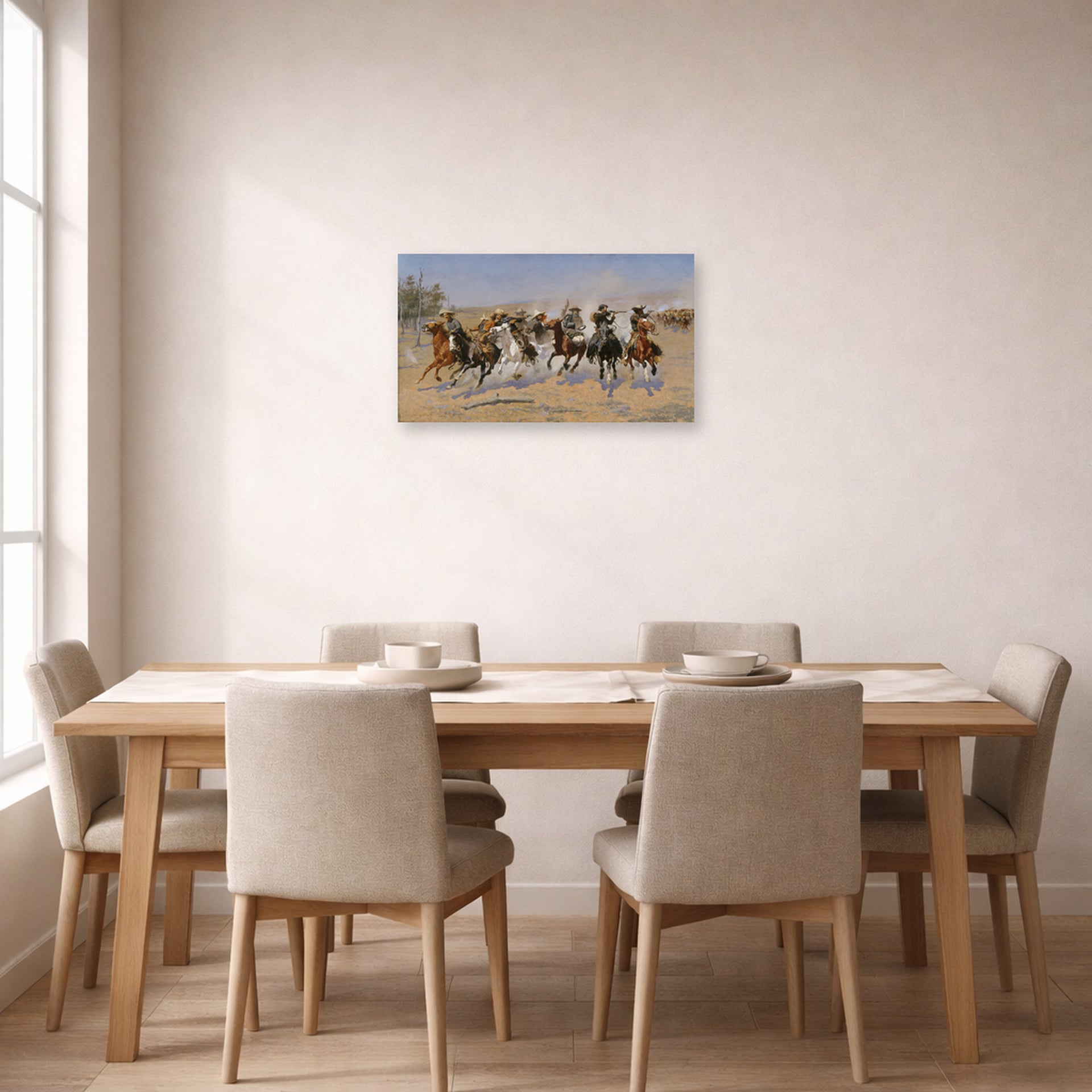 Unframed poster print of Frederic Remington's 'A Dash for the Timber' displayed on a wall in a dining room