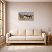Unframed poster print of Frederic Remington's 'A Dash for the Timber' displayed on a wall in a living room