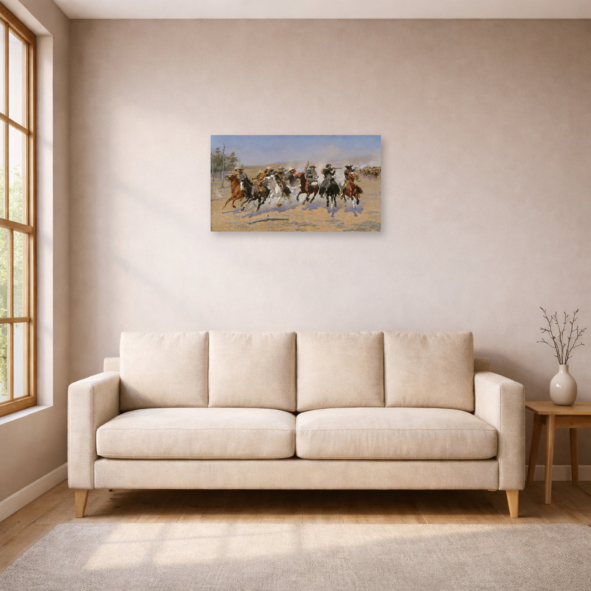 Unframed poster print of Frederic Remington's 'A Dash for the Timber' displayed on a wall in a living room
