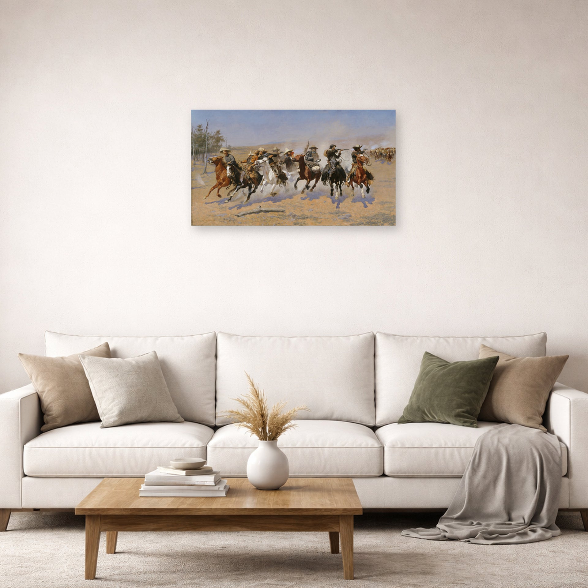 Unframed poster print of Frederic Remington's 'A Dash for the Timber' displayed on a wall in a living room