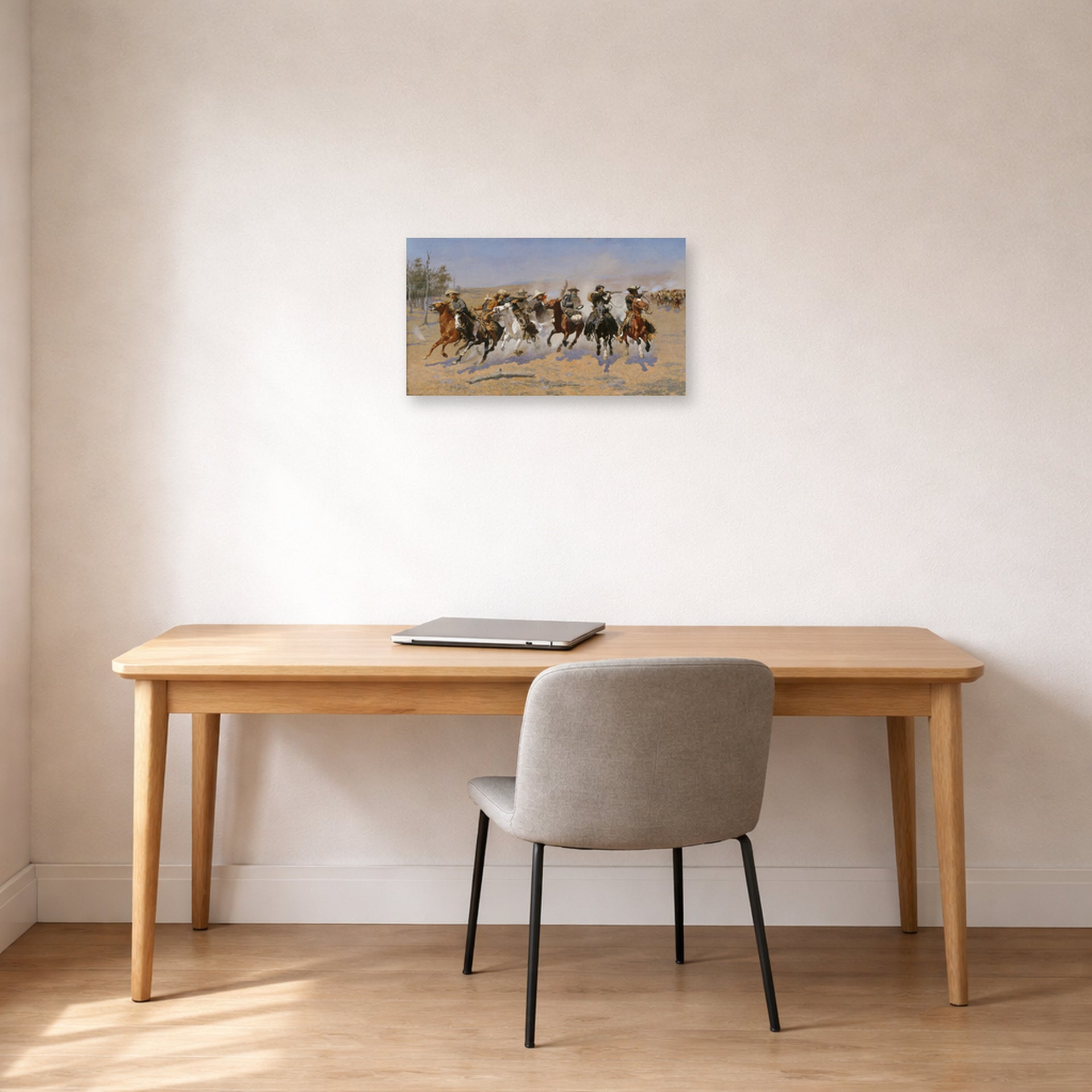 Unframed poster print of Frederic Remington's 'A Dash for the Timber' displayed on a wall in a office