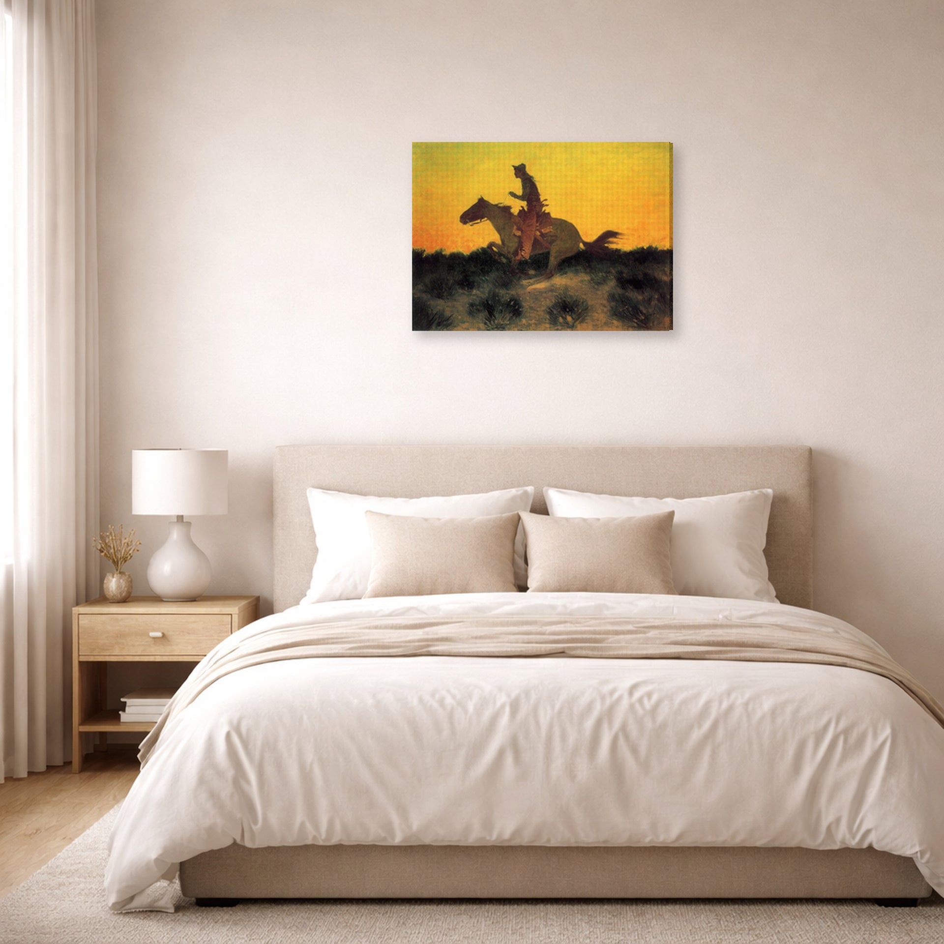 Gallery-wrapped canvas print of Frederic Remington's 'Against The Sunset' displayed on a wall in a bedroom