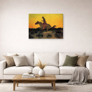 Gallery-wrapped canvas print of Frederic Remington's 'Against The Sunset' displayed on a wall in a living room