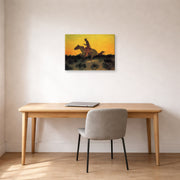 Gallery-wrapped canvas print of Frederic Remington's 'Against The Sunset' displayed on a wall in a office