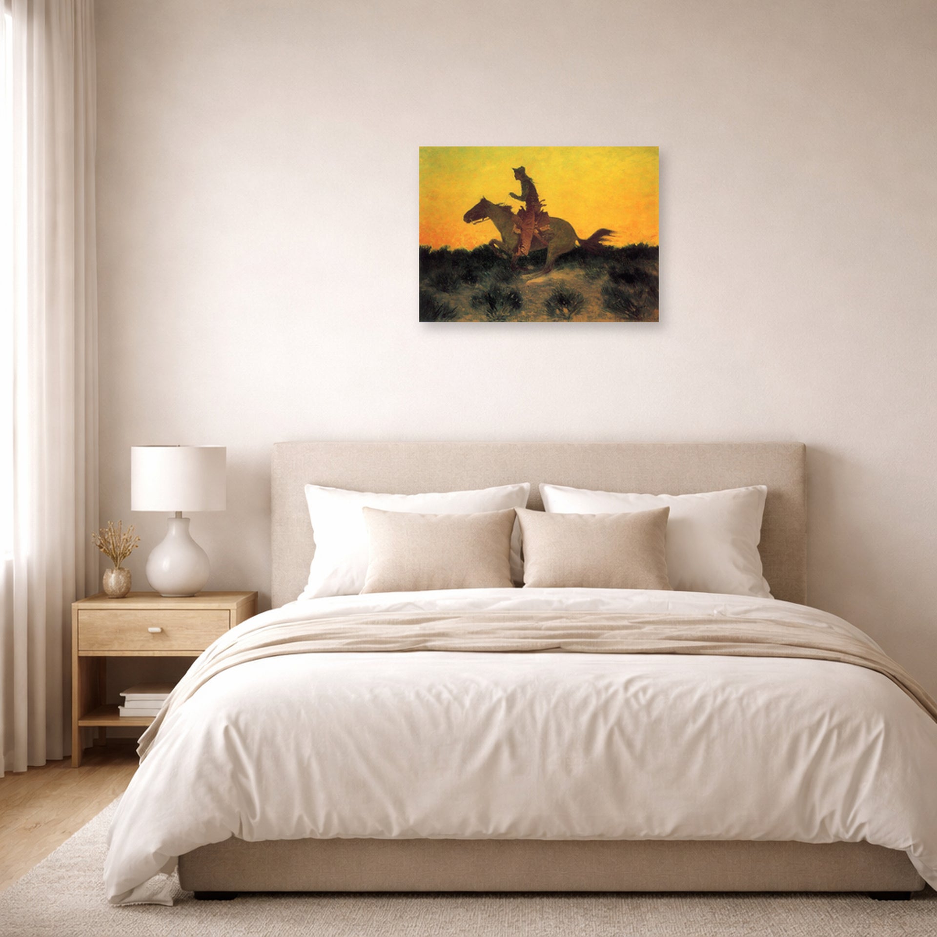 Unframed poster print of Frederic Remington's 'Against The Sunset' displayed on a wall in a bedroom