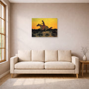 Unframed poster print of Frederic Remington's 'Against The Sunset' displayed on a wall in a living room