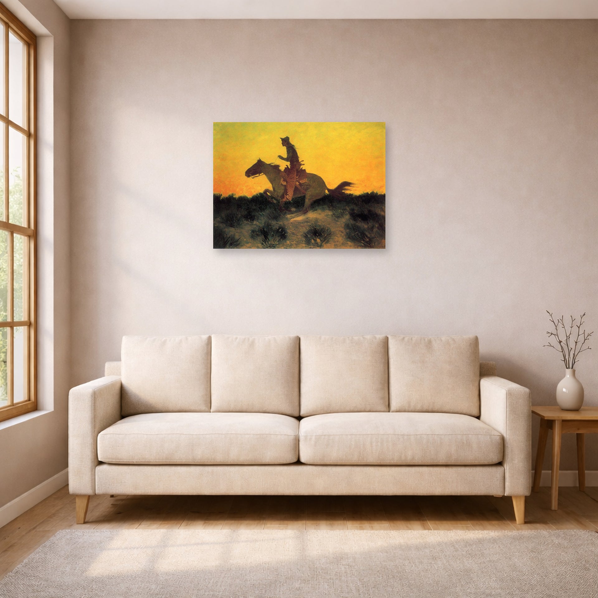 Unframed poster print of Frederic Remington's 'Against The Sunset' displayed on a wall in a living room