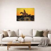 Unframed poster print of Frederic Remington's 'Against The Sunset' displayed on a wall in a living room