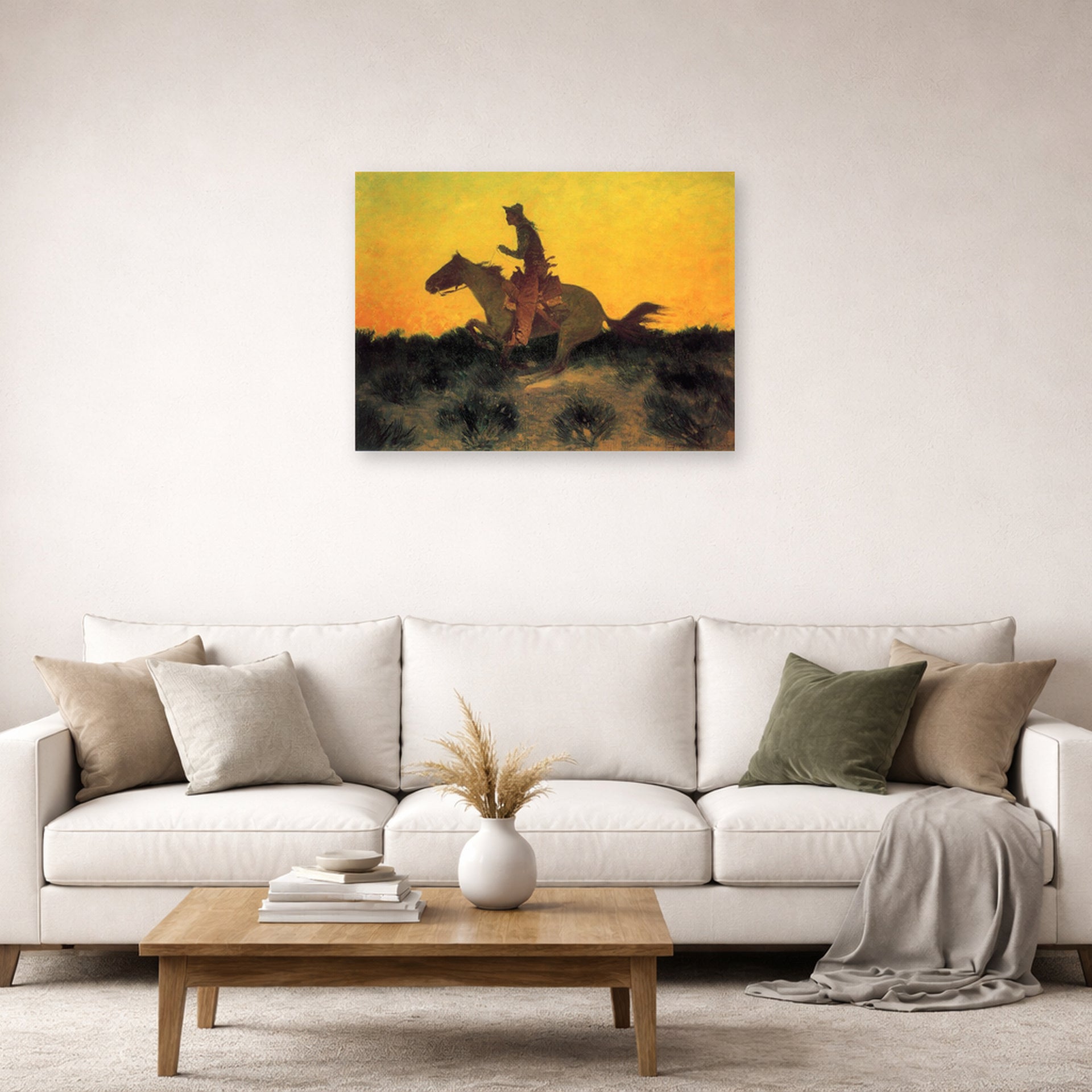 Unframed poster print of Frederic Remington's 'Against The Sunset' displayed on a wall in a living room