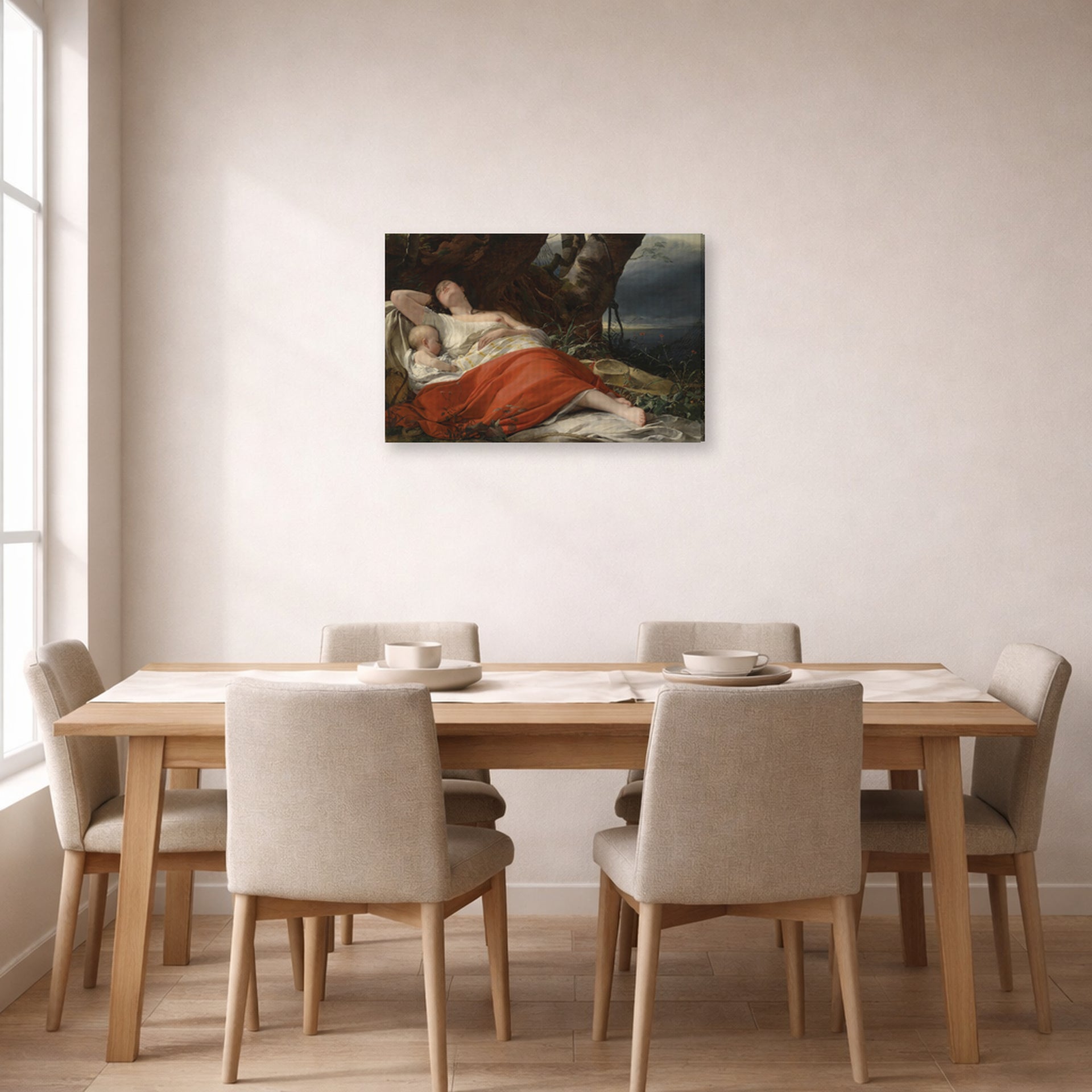 Gallery-wrapped canvas print of Friedrich von Amerling's Sleeping Fisherwoman displayed on a wall in a dining