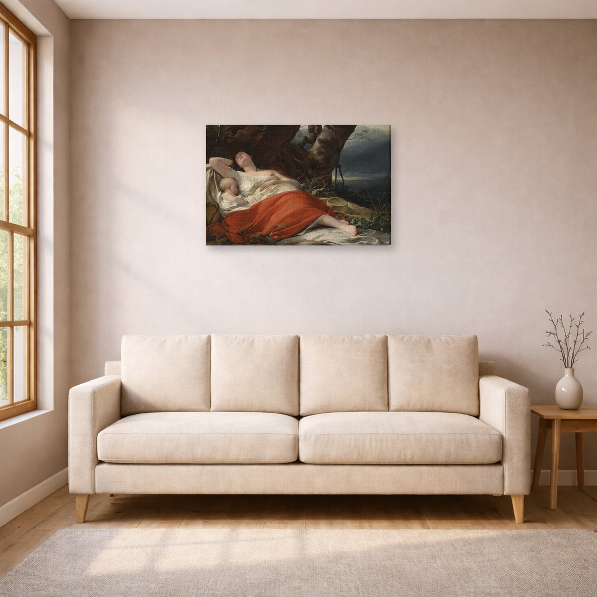 Gallery-wrapped canvas print of Friedrich von Amerling's Sleeping Fisherwoman displayed on a wall in a living room