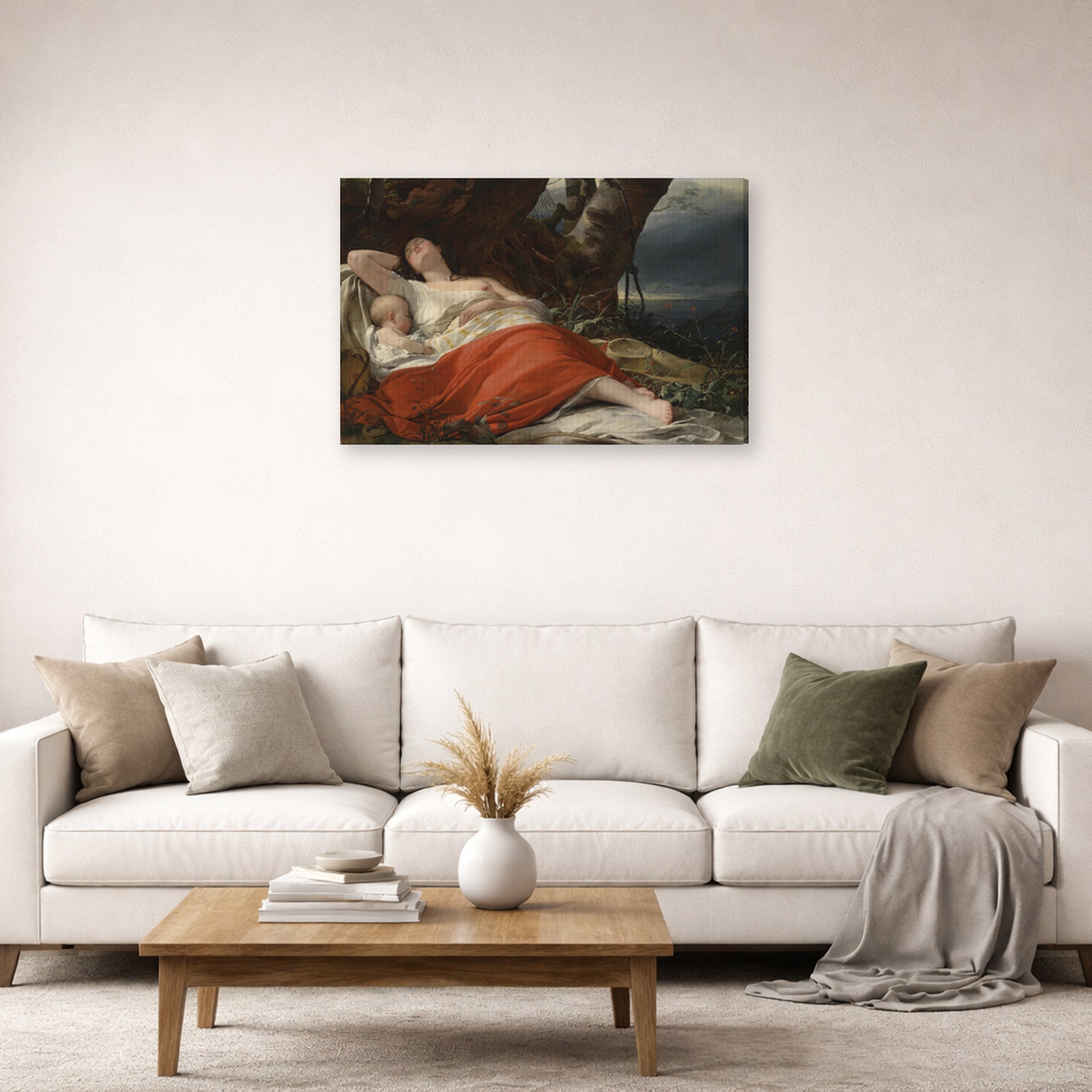 Gallery-wrapped canvas print of Friedrich von Amerling's Sleeping Fisherwoman displayed on a wall in a living room