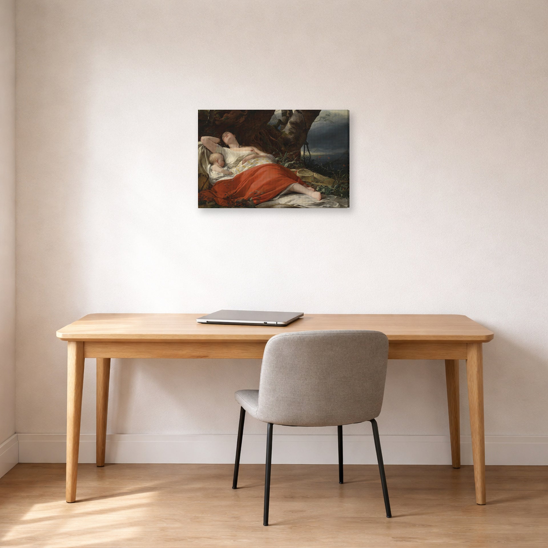Gallery-wrapped canvas print of Friedrich von Amerling's Sleeping Fisherwoman displayed on a wall in a office