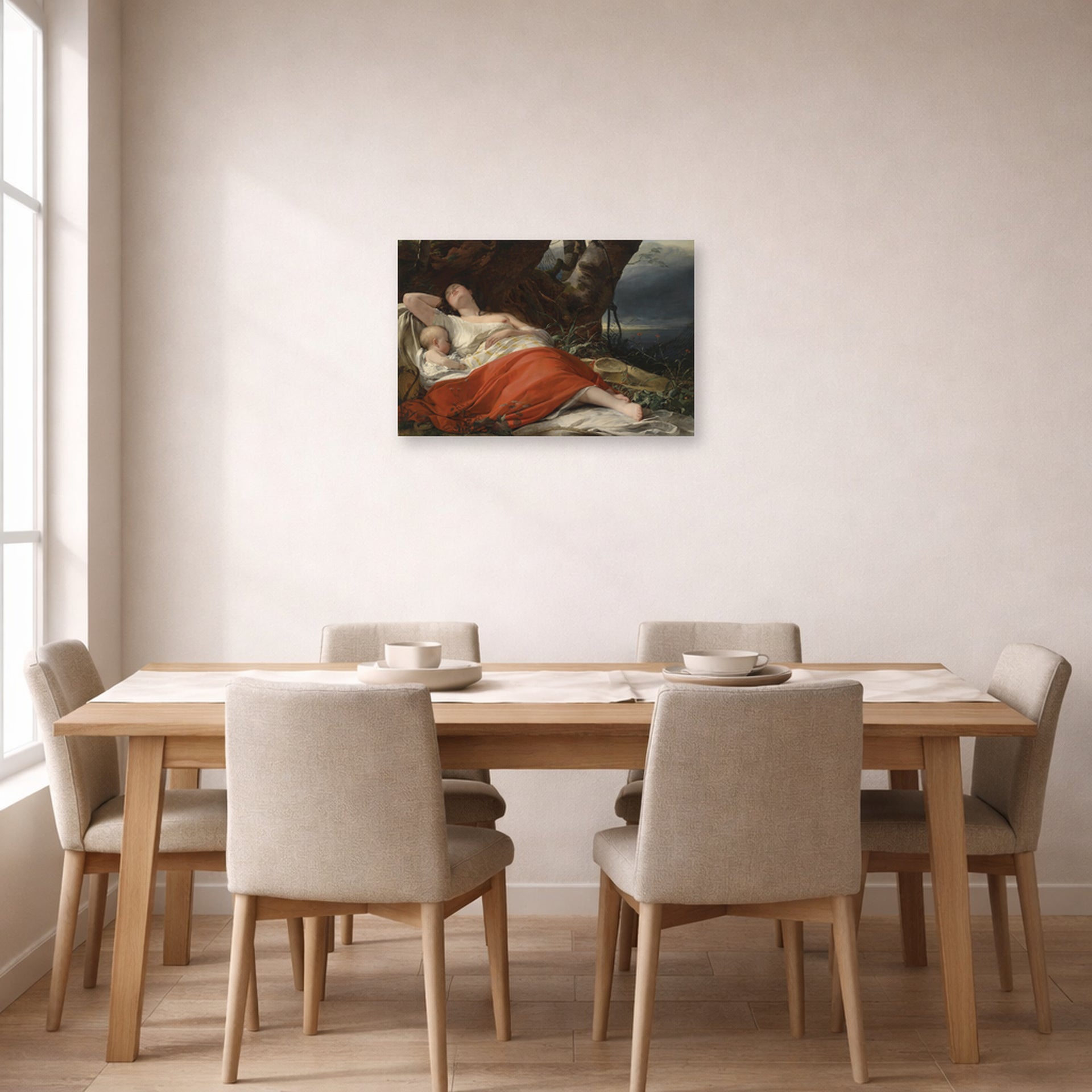 Unframed poster print of Friedrich von Amerling's Sleeping Fisherwoman displayed on a wall in a dining