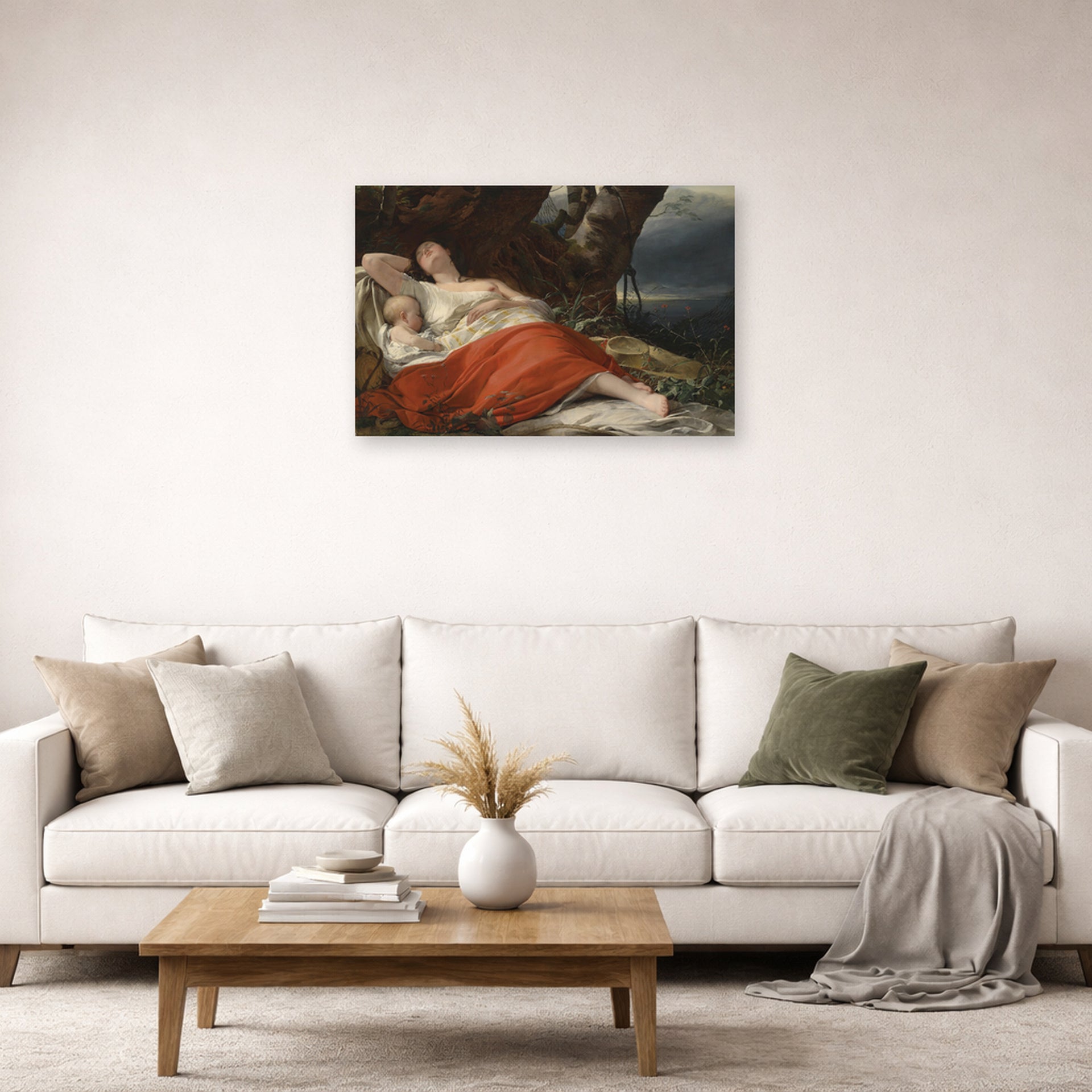 Unframed poster print of Friedrich von Amerling's Sleeping Fisherwoman displayed on a wall in a living room