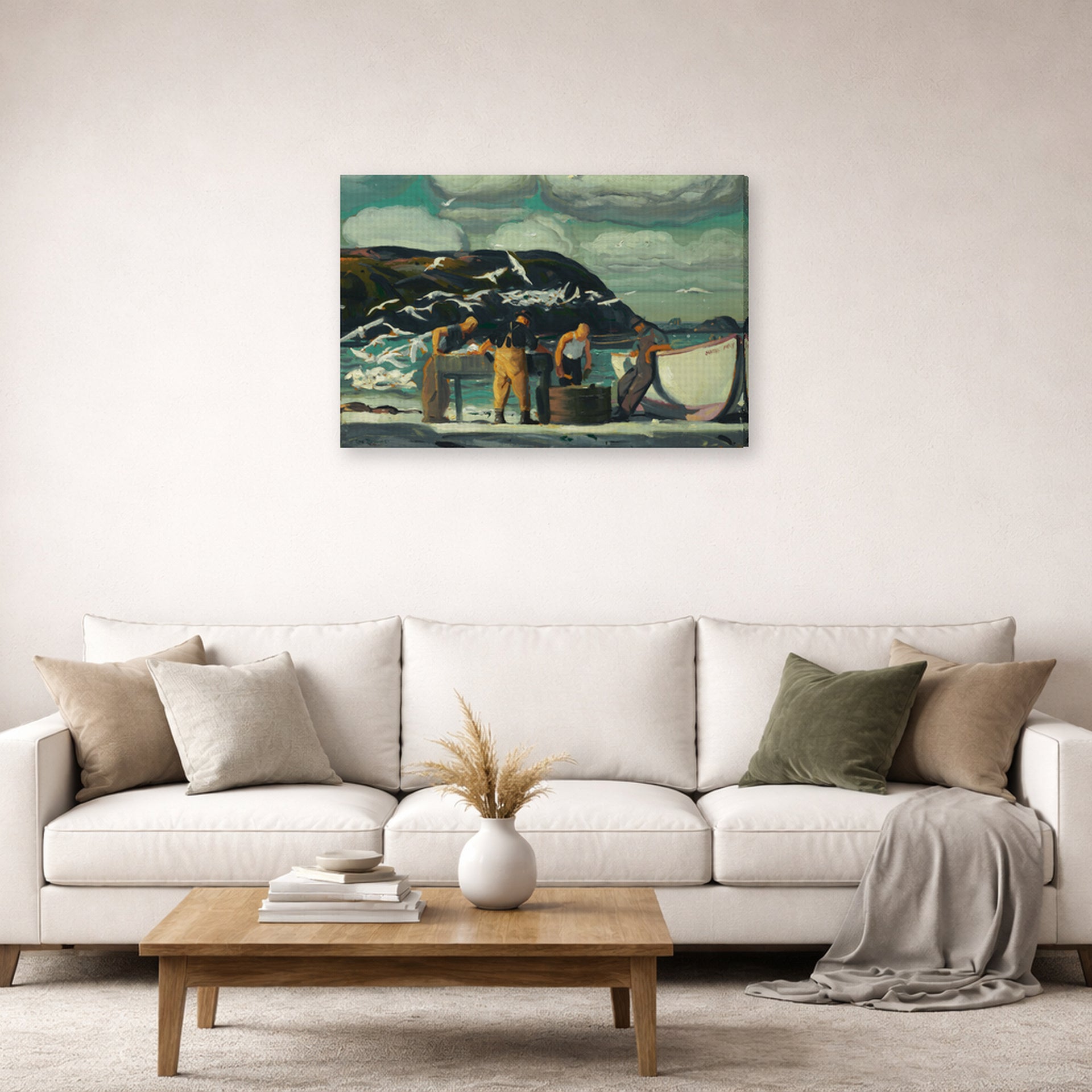 Gallery-wrapped canvas print of George Bellows's Cleaning Fish displayed on a wall in a living room