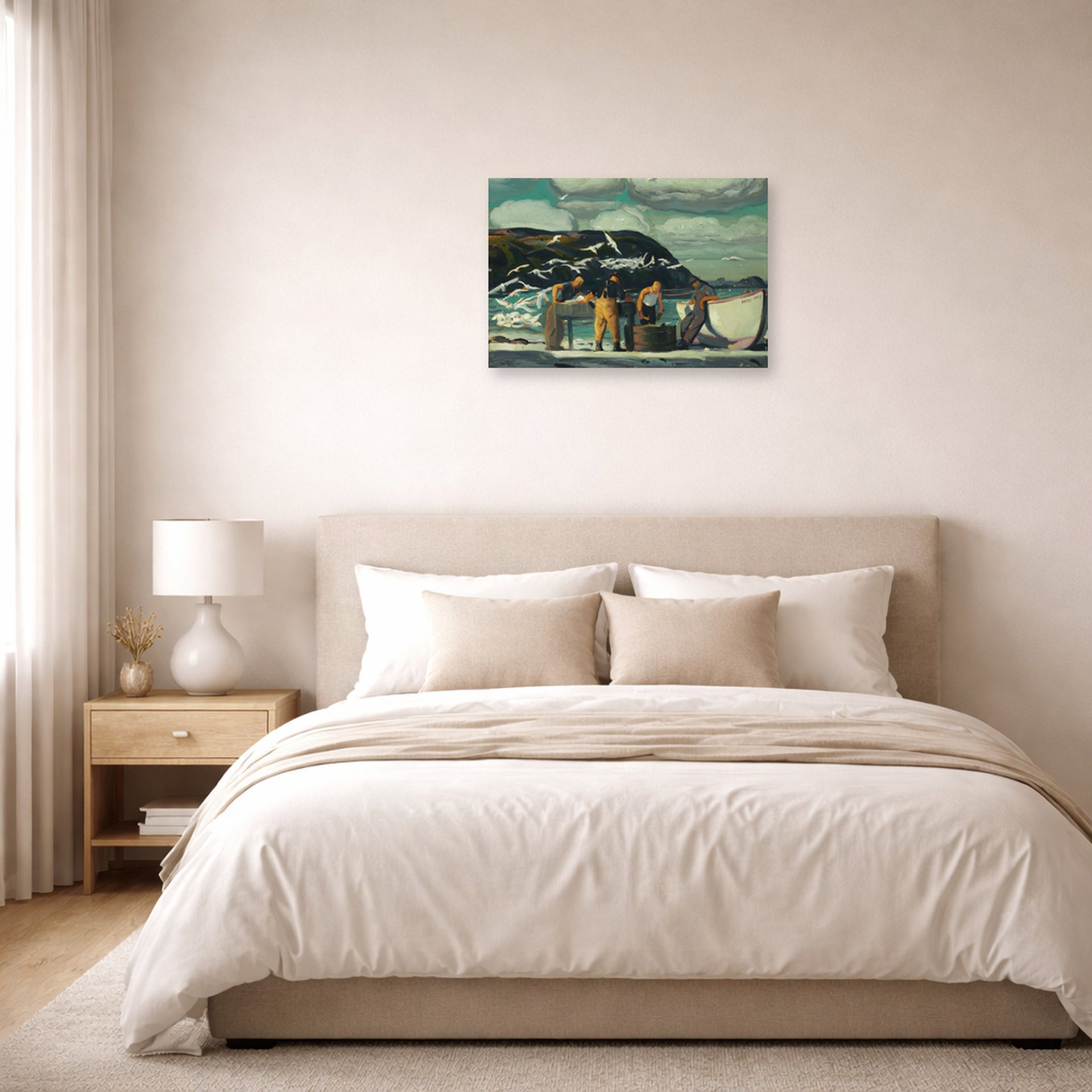 Unframed poster print of George Bellows's Cleaning Fish displayed on a wall in a bedroom
