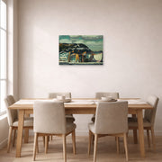 Unframed poster print of George Bellows's Cleaning Fish displayed on a wall in a dining room
