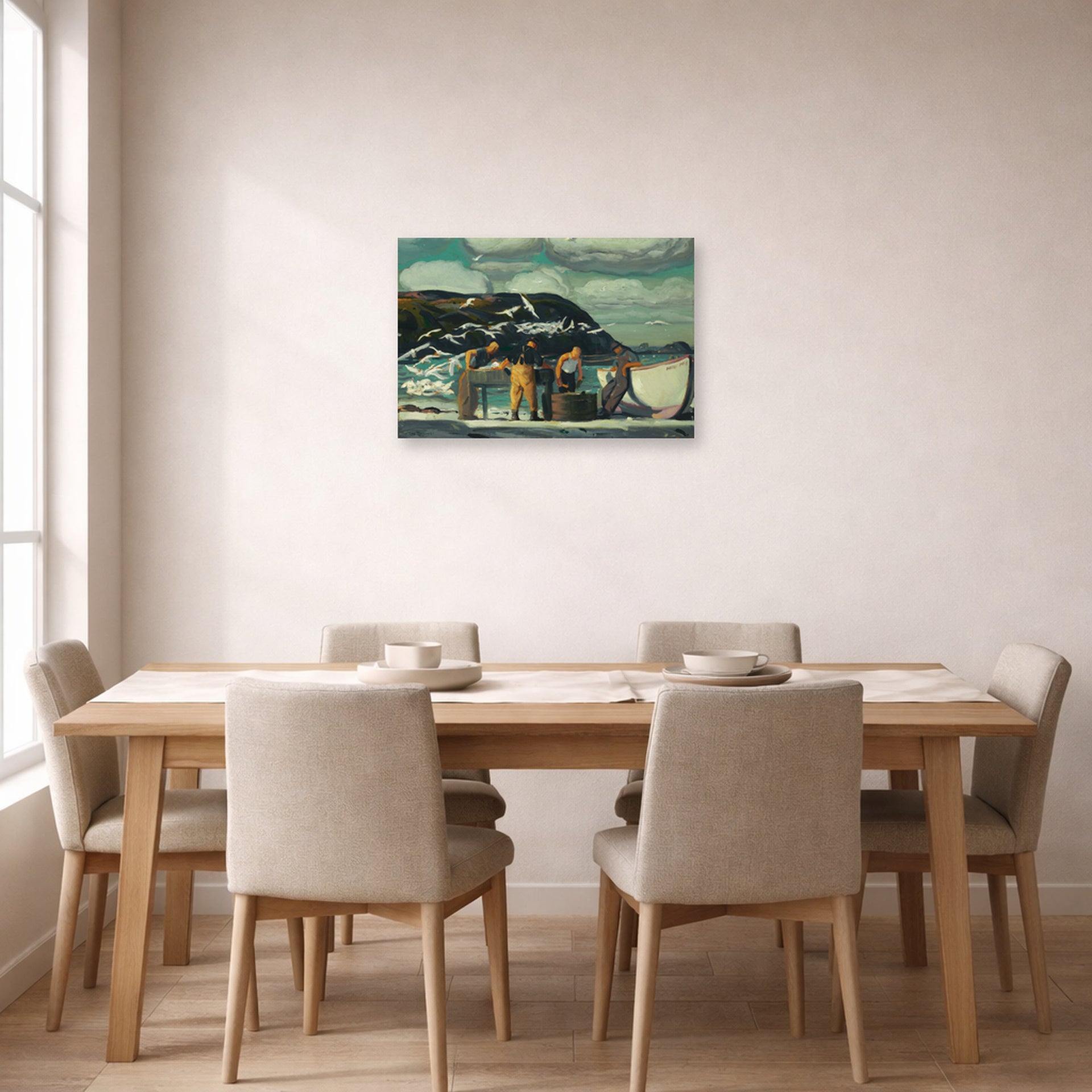 Unframed poster print of George Bellows's Cleaning Fish displayed on a wall in a dining room