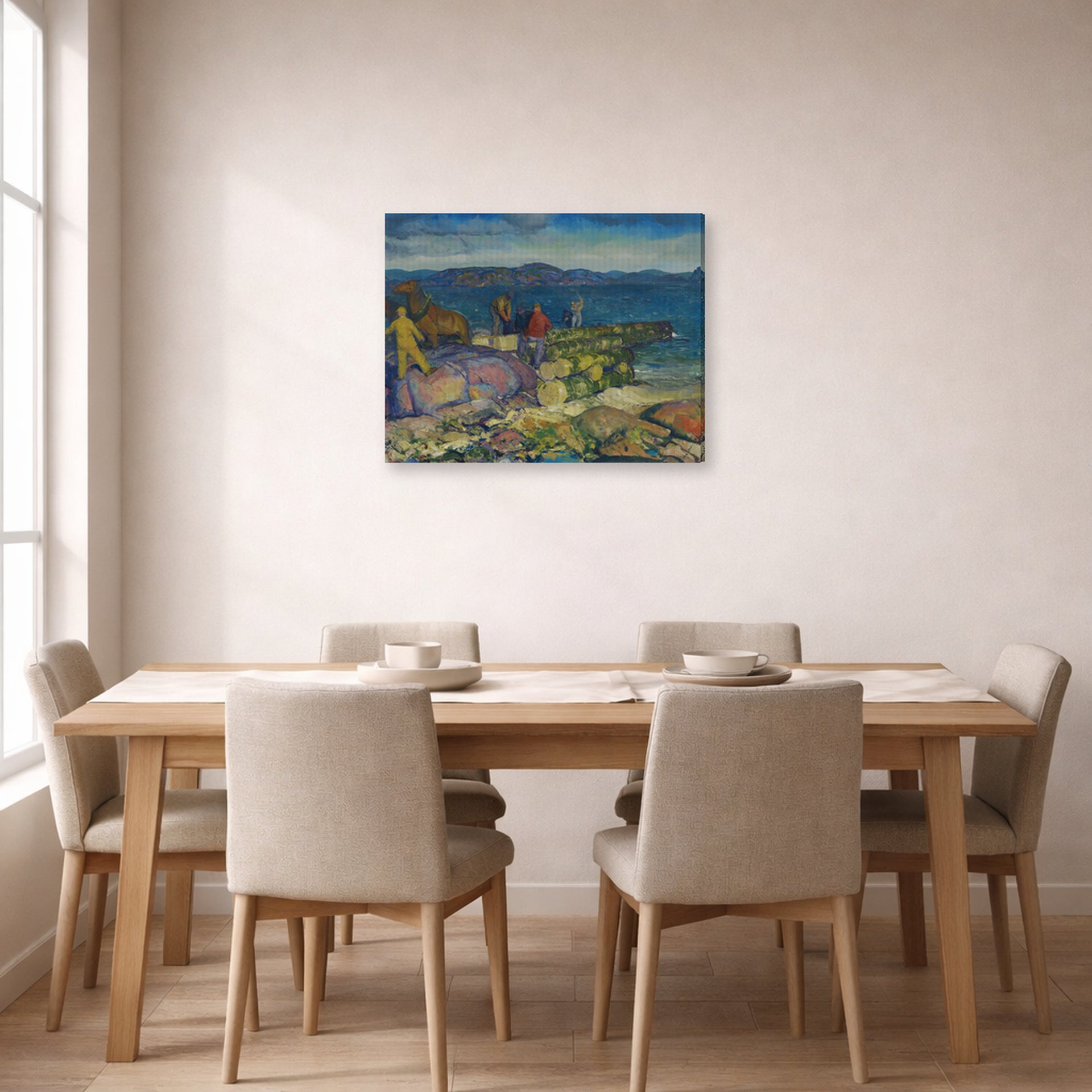 Gallery-wrapped canvas print of George Bellows's Dock Builders displayed on a wall in a dining room